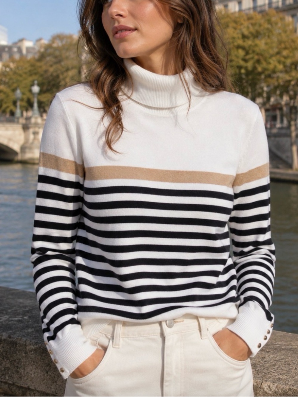 Tommy Hilfiger Long Sleeve Black White Tan Striped Turtleneck Sweater Top Sz MED